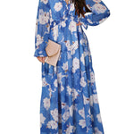 High Waisted Long Sleeves Flower Print Pleated Ruffled V-Neck Maxi Dresses