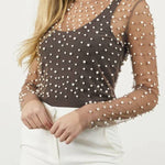 Pearl-Embellished Mesh Long-Sleeved Top