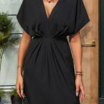 Loose Raglan Sleeve Elasticity Pleated Solid Color Split-Joint V-Neck Mini Dresses
