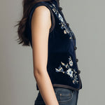 Boho Mandarin Collar Navy Velvet Embroidered Vest