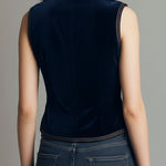 Boho Mandarin Collar Navy Velvet Embroidered Vest