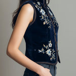 Boho Mandarin Collar Navy Velvet Embroidered Vest