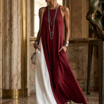 Loose Sleeveless Contrast Color Pockets Split-Joint Spaghetti-Neck Maxi Dresses