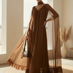 Cape Irregularity Layered Pleated Ruffled See-Through Solid Color Split-Joint High Neck Maxi Dresses