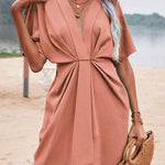 Loose Raglan Sleeve Pleated Solid Color Split-Joint Deep V-Neck Mini Dresses
