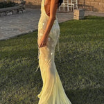 Deep V Neck Sequins Fishtail Hem Backless Gowns Slip Maxi Dresses-Yellow