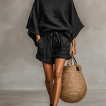 Women's Minimalist Linen Blend Lace Boat Neck Blouse And Shorts Set
