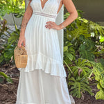 OFF WHITE MAXI DRESS WITH LACE TOP AND BACK BOW