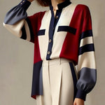 Long Sleeves Loose Buttoned Contrast Color Split-Joint Stand Collar Blouses&Shirts Tops