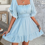 A-line High Waisted Elasticity Pleated Ruffle Trim Solid Color Square-neck Mini Dresses