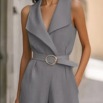Sleeveless Belted Pockets Solid Color V-Neck Rompers