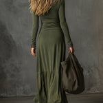 Bohemian Washed Cotton Half-zip Hem Slit Midi Dress