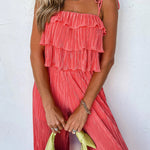 Self Tied Straps Pleated Wide Leg Jumpsuit