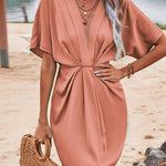 Loose Raglan Sleeve Pleated Solid Color Split-Joint Deep V-Neck Mini Dresses