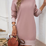 Long Sleeves Loose Contrast Color Split-Joint Mock Neck Mini Dresses Sweater Dresses