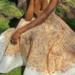 A-Line High Waisted Buttoned Flower Print Pleated Zipper Spaghetti-Neck Maxi Dresses