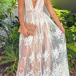 White and Beige Cross Back Floral Tulle Maxi Dress