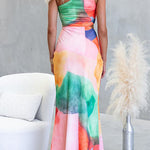 One Shoulder Sleeveless Cut Out Waist Printed Maxi Dress