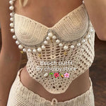 Margovil Pearl Trim Hollow Out Knit Crop Cami Top
