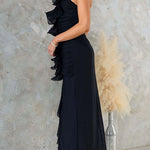 Margovil One Shoulder Slit Ruffle Mesh Maxi Dress