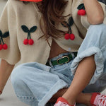 Margovil Short Sleeves Button Up Cherry Decorative Knit Sweater
