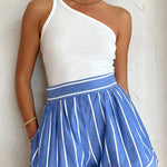 Margovil Striped Long Sleeves Curve Hem Shirt and High Rise Shorts Set