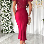 Margovil V Neck Flare Sleeves Slit Bodycon Sequin Midi Dress