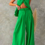 Sleeveless Halter Slit Top Tie Waist Wide Leg Pants Set