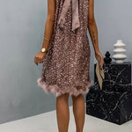 Margovil Halter Sleeveless Feather Hem Sequin Dress