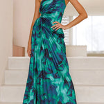 Margovil One Shoulder Drawstring Cut Out Printed Maxi Pleated Dress
