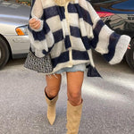 Margovil Lantern Sleeves Button Down Color Block Stripes Sweater with Scarf