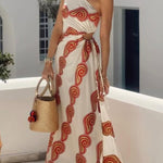 Enjoy A Sunny Linen Blend Shell Print One Shoulder Cutout Waist Tie-up Slit Maxi Dress