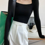 Long Sleeves Skinny Solid Color Square-Neck T-Shirts Tops