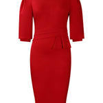 Bodycon Half Sleeves Pleated Solid Color Split-Back Split-Joint Zipper Round-Neck Midi Dresses