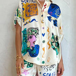 Sun Tribe Satin Unique Print Button Down Oversized Blouse