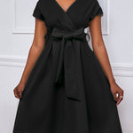 Bowknot Lace-Up Solid Color V-Neck Midi Dresses