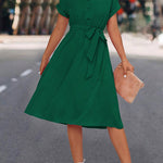 A-Line High Waisted Buttoned Solid Color Tied Waist Lapel Collar Midi Dresses Shirt Dress