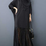 Long Sleeves Loose Solid Color Split-Joint Three-Dimensional Flower Mock Neck Maxi Dresses