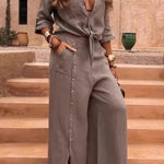 Solid Color Lapel Casual Button-down Shirt and Loose Pocket Slit Wide-leg Pants Set
