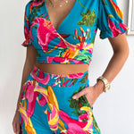 Floral Print V Neck Short Sleeves Crop Top Elastic Waist Wide Leg Pants Set