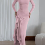 Bodycon High Waisted Asymmetric Pleated Ruffled Solid Color Split-Joint Round-Neck Maxi Dresses