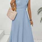 Loose Raglan Sleeve Elasticity Pleated Solid Color Split-Joint Tied Waist Round-Neck Midi Dresses