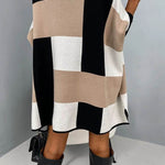 Hughes Color Block Plaid Mock Neck Cape Loose Sweater
