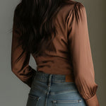 Deep V Lace Trim Bronze Satin Wrap Blouse With Ruched Waist