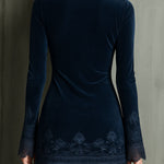 Embroidery Bell Sleeves Velvet Dress With Lace Trim