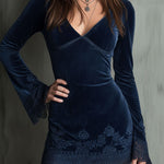 Embroidery Bell Sleeves Velvet Dress With Lace Trim