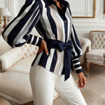 Elasticated Waist High Waisted Belted Bow-Embellished Buttoned Contrast Color Split-Joint Striped Lapel Blouses&Shirts Tops