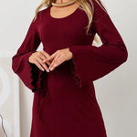 Long Sleeves Pleated Ruffled Solid Color Split-Joint Round-Neck Maxi Dresses