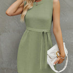 A-Line Loose Solid Color Split-Side Tied Waist Round-Neck Mini Dresses Sweater Dresses