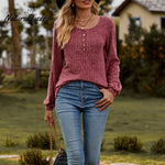 Women's Fall Button Scoop Neck Puff Long Sleeve Henley Shirts